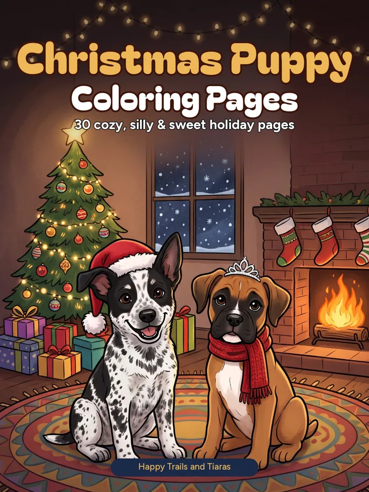Christmas Puppy Coloring Pages cover: Happy the heeler in a Santa hat and Zenni the boxer in a tiara and red scarf by a Christmas tree and fireplace