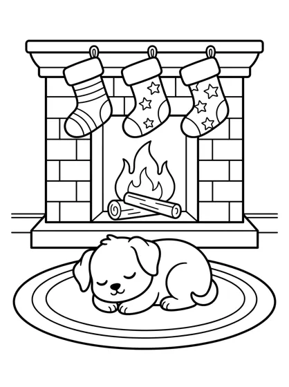 Sample coloring page: a puppy napping by the fireplace under Christmas stockings