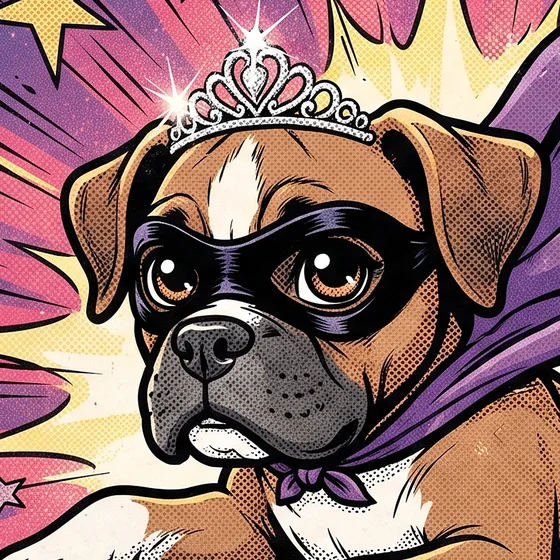 Cartoon Zenni the boxer as a masked superhero in a silver tiara